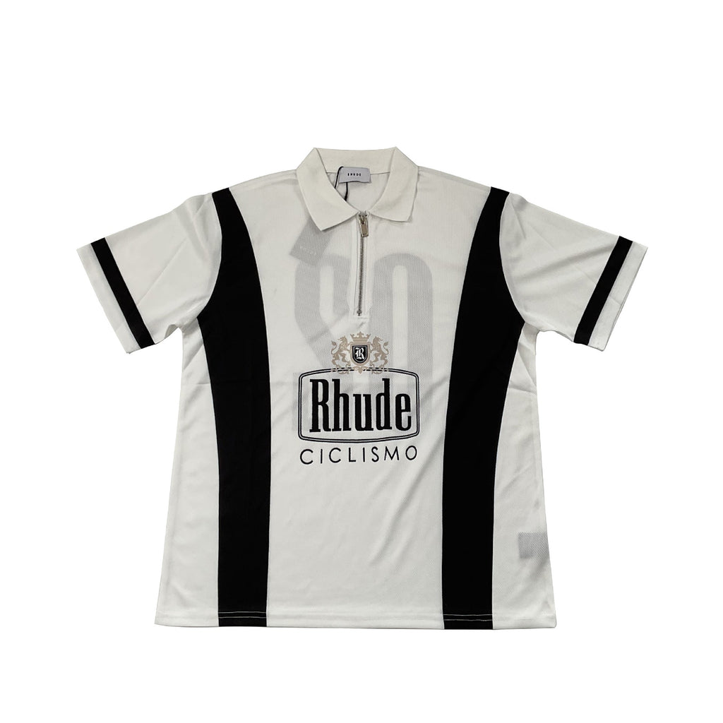 Rhude T-shirt Cross-border European and American trendy brand RHUDE badge letter half zipper mesh lapel short-sleeved T-shirt men's and women's high street polo shirt